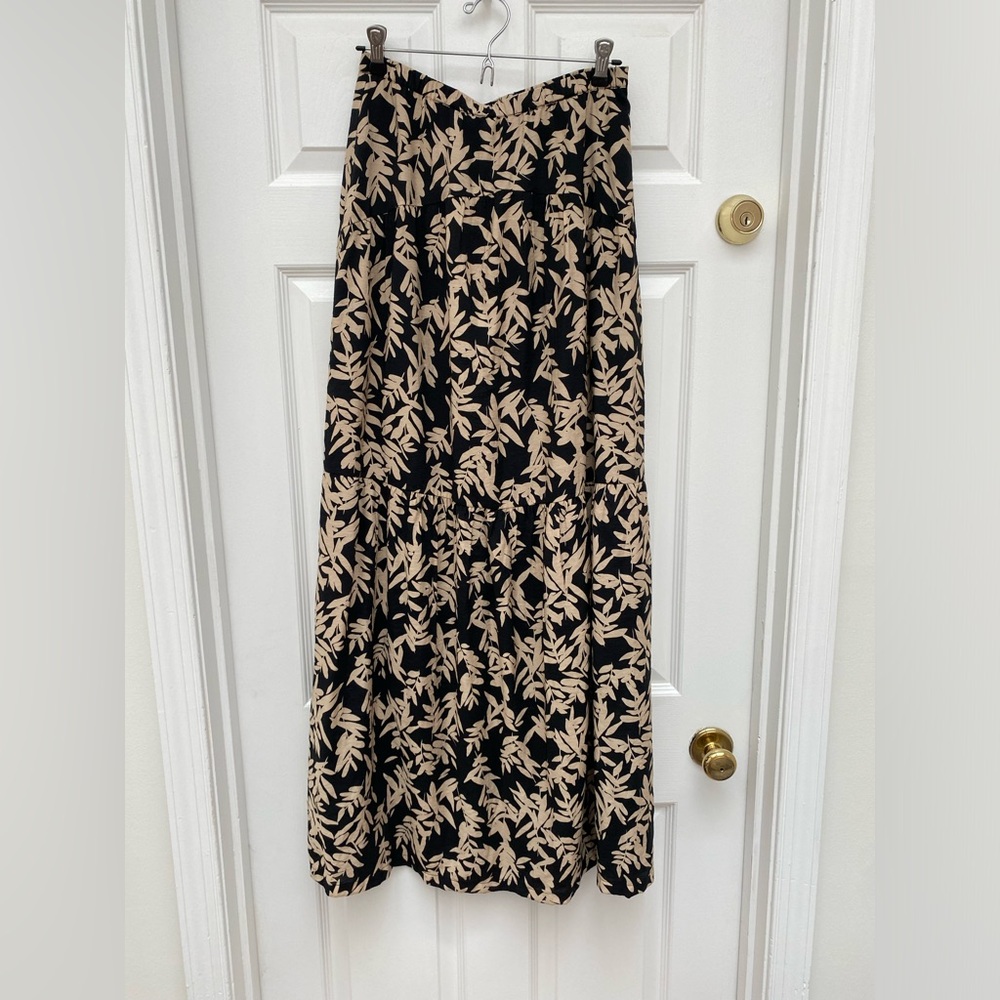 ba&sh Tally A-Line Black & Cream Maxi Skirt w Leaf Print - Small